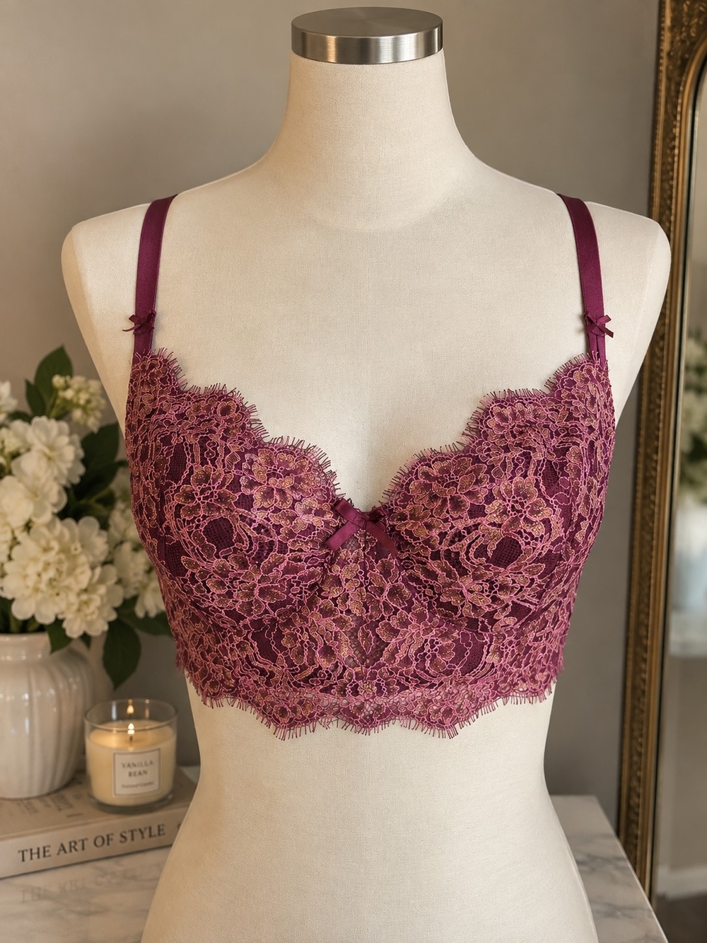 Victoria's Secret Dream Angels Bra 36DD Burgundy Lace Unlined Underwire Floral